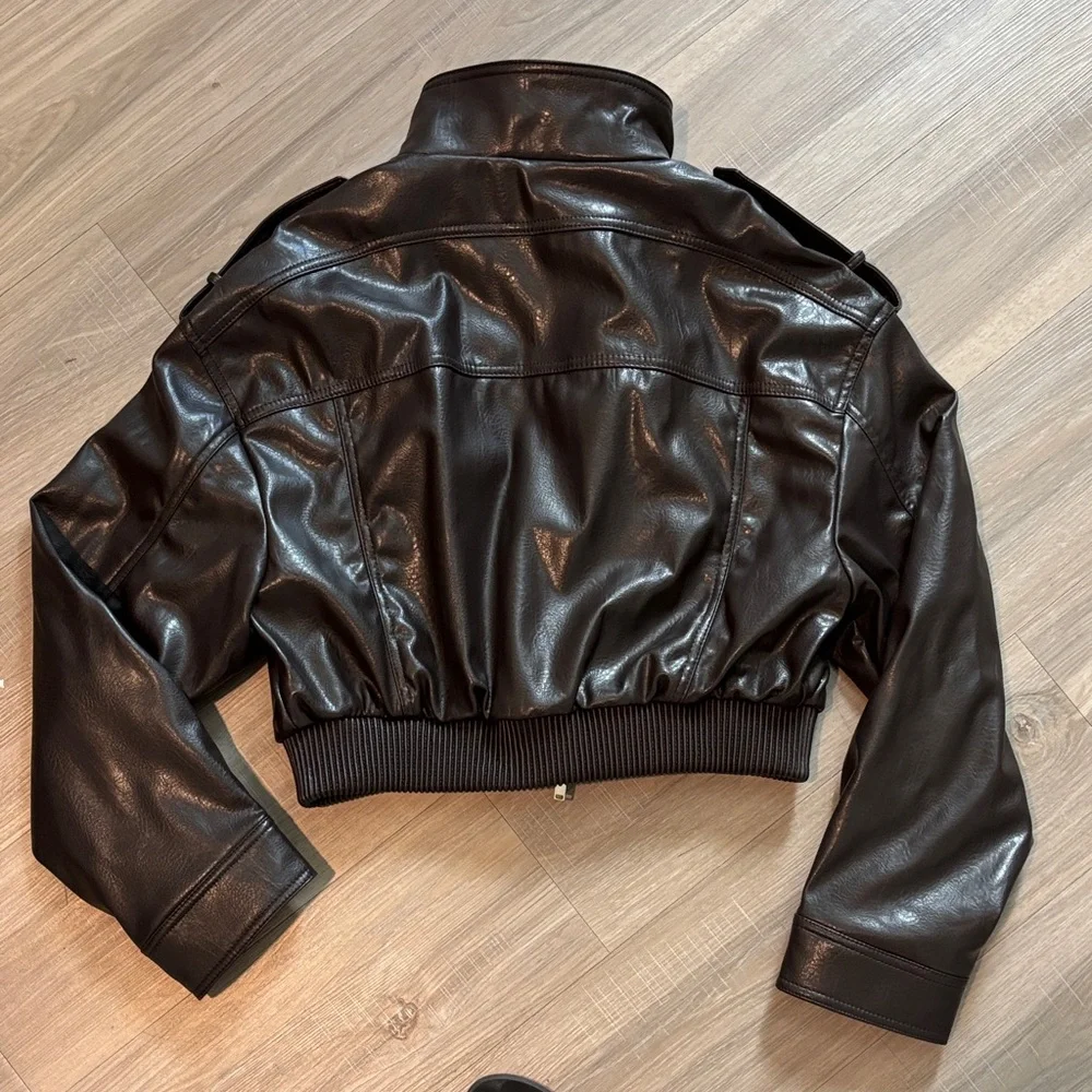 Zara Brown Faux Leather Bomber Jacket - Picture 3 of 9